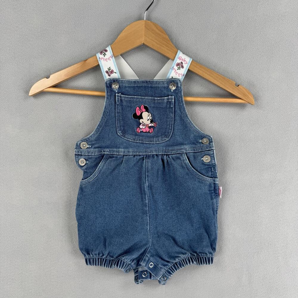 Vintage Baby Minnie Overalls Girls 12 Months Blue Denim Disney One Piece Romper